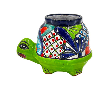 Mexican Talavera Corona Turtle Planter Pot Hand Painted - Lime Green Body